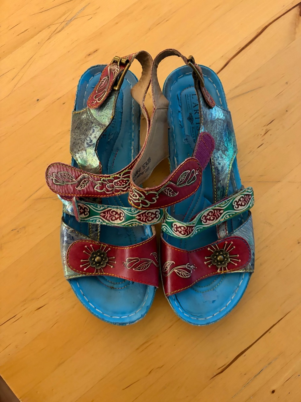 Colorful Embroidered Multi-Color Leather Sandals - Picture 2 of 3